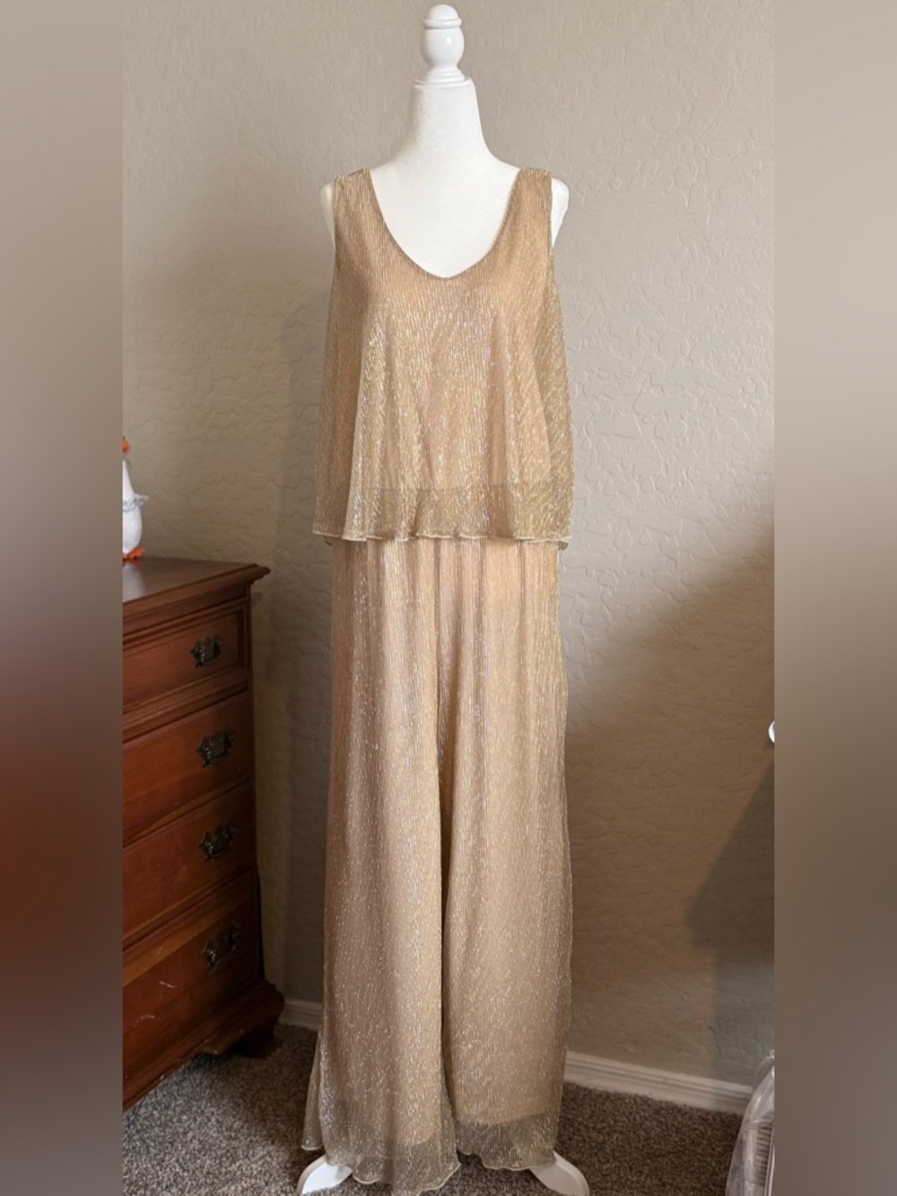 Tash + Sophie Shimmering Gold Overlay Jumpsuit - XL - NWOT